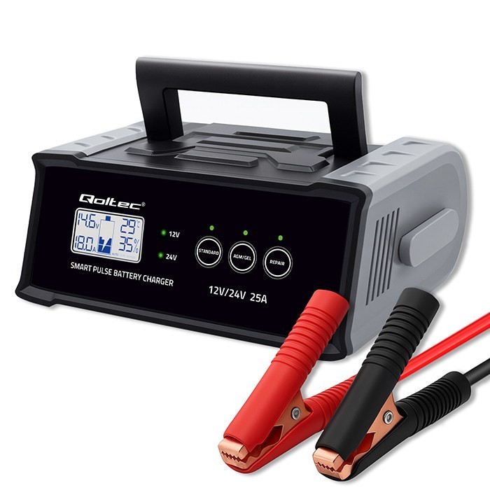 Qoltec Inteligentna mikroprocesorowa ładowarka 12V  24V 25A| Prostownik z funkcją naprawy do akumulatora AGM GEL SLA | LCD