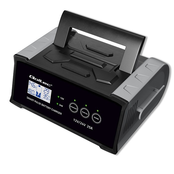 Qoltec Inteligentna mikroprocesorowa ładowarka 12V  24V 25A| Prostownik z funkcją naprawy do akumulatora AGM GEL SLA | LCD