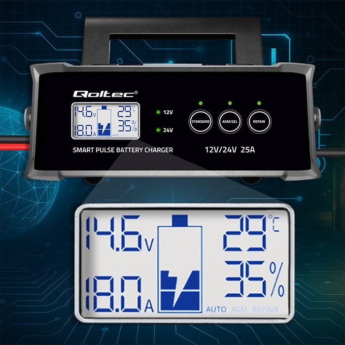 Qoltec Inteligentna mikroprocesorowa ładowarka 12V  24V 25A| Prostownik z funkcją naprawy do akumulatora AGM GEL SLA | LCD