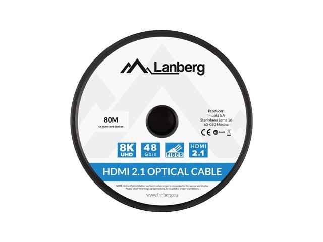 LANBERG KABEL HDMI M/M V2.1 80M 8K OPTYCZNY AOC CA-HDMI-30FB-0800-BK