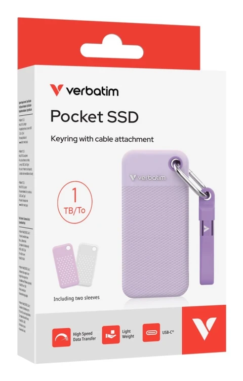 Zewnętrzny dysk SSD Verbatim 32322 Pocket 1TB z dwoma pokrowcami białym i fioletowym