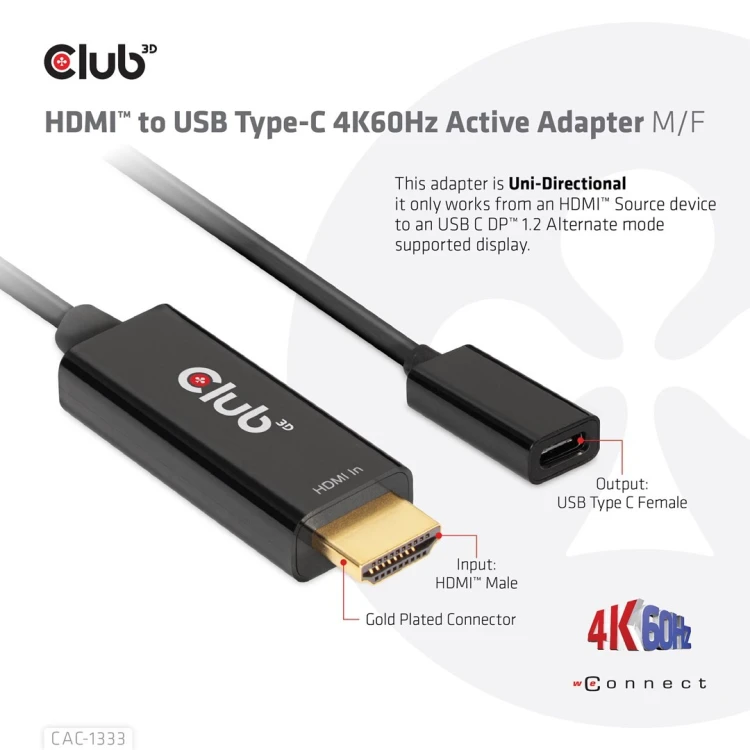 CLUB 3D CAC-1333 adapter kablowy 0,22 m HDMI Typu A (Standard) USB Type-C Czarny
