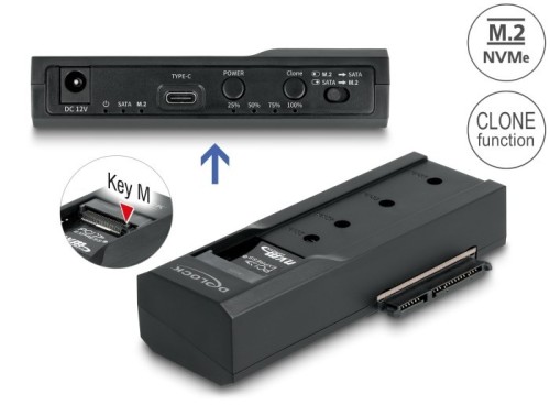 Delock - Kontroler pamięci - Funkcja klonowania - 2.5", 3.5", M.2 (6.4 cm, 8.9 cm) - Karta M.2 (PCIe NVMe i SATA) / SATA SSD - USB-C 3.2 (Gen 2x1)