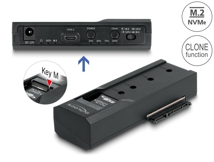 Delock - Kontroler pamięci - Funkcja klonowania - 2.5", 3.5", M.2 (6.4 cm, 8.9 cm) - Karta M.2 (PCIe NVMe i SATA) / SATA SSD - USB-C 3.2 (Gen 2x1)