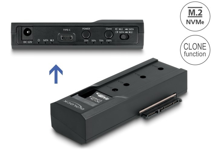 Delock - Kontroler pamięci - Funkcja klonowania - 2.5", 3.5", M.2 (6.4 cm, 8.9 cm) - Karta M.2 (PCIe NVMe i SATA) / SATA SSD - USB-C 3.2 (Gen 2x1)