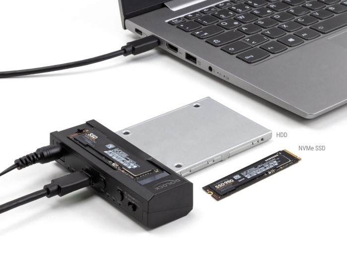 Delock - Kontroler pamięci - Funkcja klonowania - 2.5", 3.5", M.2 (6.4 cm, 8.9 cm) - Karta M.2 (PCIe NVMe i SATA) / SATA SSD - USB-C 3.2 (Gen 2x1)