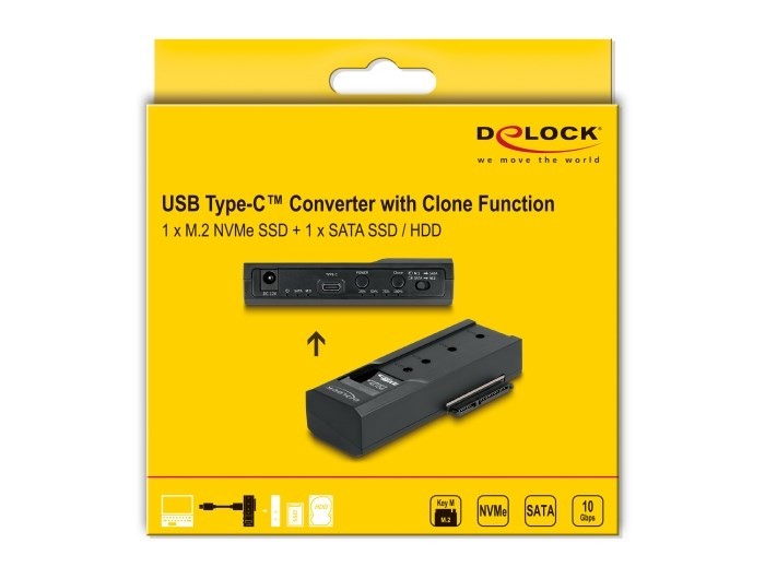 Delock - Kontroler pamięci - Funkcja klonowania - 2.5", 3.5", M.2 (6.4 cm, 8.9 cm) - Karta M.2 (PCIe NVMe i SATA) / SATA SSD - USB-C 3.2 (Gen 2x1)