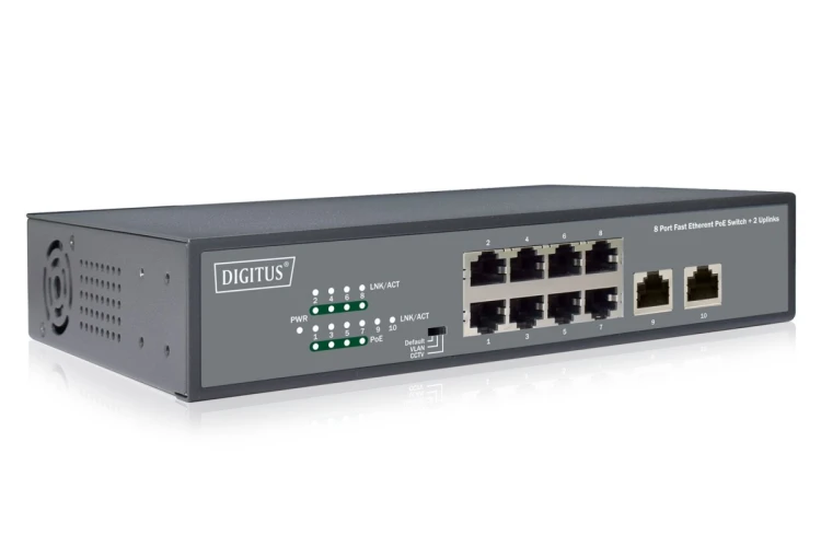 Przełącznik sieciowy niezarządzalny 19" 8x RJ45 10/100 Mb/s, 2x FastEthernet uplink, PoE+ 120W budżet