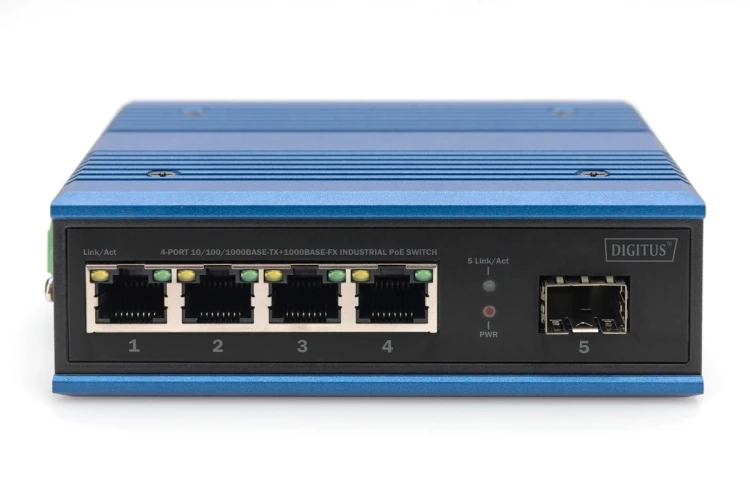 Przemysłowy switch 4x 1000Base-TX PoE 120W + 1x 1000Base-FX (bez modułu) DIN rozszerzony zakres temp