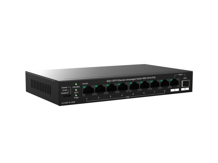 Tenda TEG1110PF-8-120W łącza sieciowe Nie zarządzany Gigabit Ethernet (10/100/1000) Obsługa PoE Czarny
