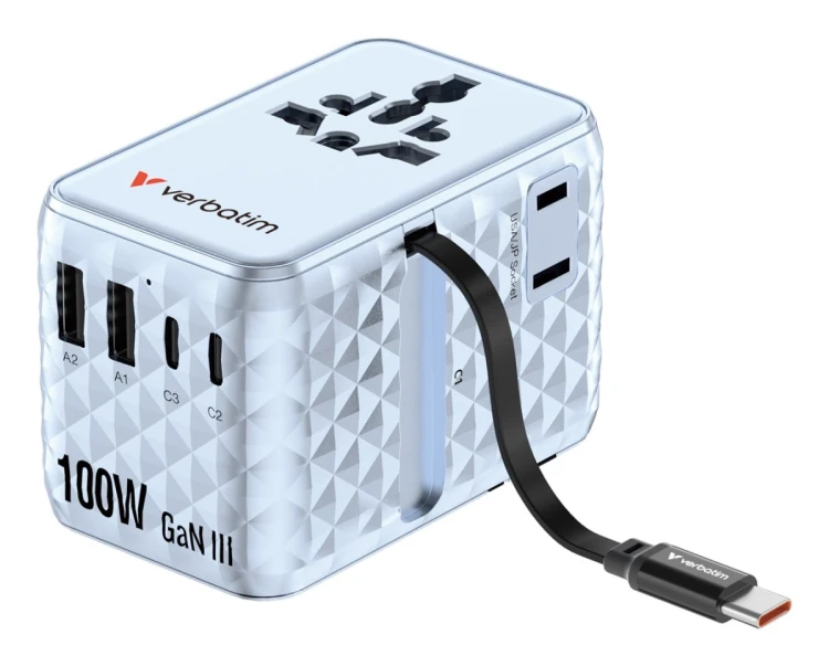 Uniwersalny zasilacz podróżny VERBATIM Charge 'N' Travel 100 W ze zwijanym kablem niebieski