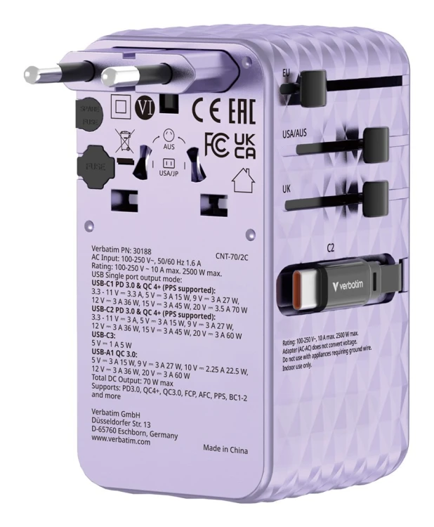 VERBATIM CHARGE 'N' TRAVEL 70W 2C CHOWANY UNIWERSALNY ADAPTER PODRÓŻNY FIOLETOWY