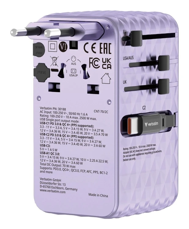 VERBATIM CHARGE 'N' TRAVEL 70W 2C CHOWANY UNIWERSALNY ADAPTER PODRÓŻNY FIOLETOWY
