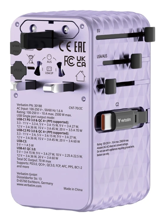 VERBATIM CHARGE 'N' TRAVEL 70W 2C CHOWANY UNIWERSALNY ADAPTER PODRÓŻNY FIOLETOWY