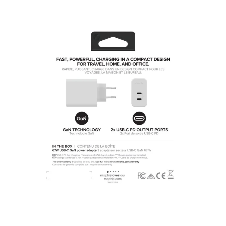 Mophie GaN Charger Dual - ładowarka sieciowa z podwójnym wejściem USB-C 67W (white)