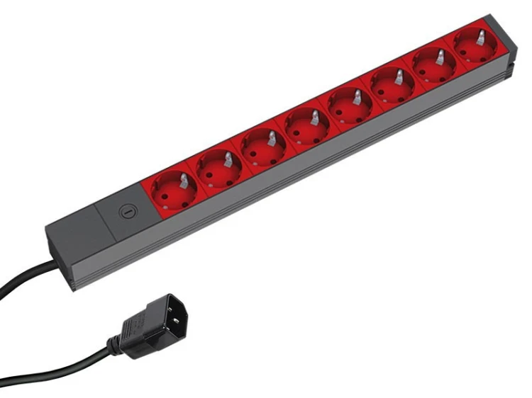 Listwa zasilająca Bachmann 48.30cm (19") ALU, 8-drożna, do UPS z IEC IEC IEC320 C14 (do systemów UPS), zasilający 2 m, 1U,, 8 czerwonych gniazd z uzie