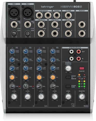 Behringer 802S - 8-kanałowy kompaktowy mikser analogowy z interfejsem USB zaprojektowany specjalnie do obsługi podcastów, streamowania oraz nagrywania