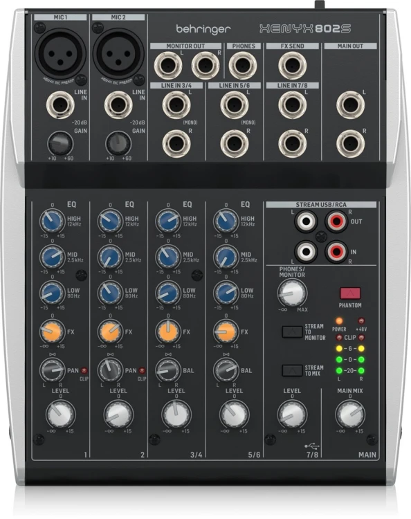 Behringer 802S - 8-kanałowy kompaktowy mikser analogowy z interfejsem USB zaprojektowany specjalnie do obsługi podcastów, streamowania oraz nagrywania