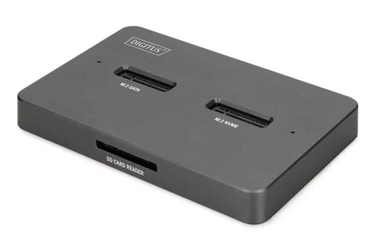 Stacja dokująca USB-C 3.2 Gen2 dla dysków SSD M.2 Duo NVMe oraz SATA (max. 2x 4 TB) z czytnikiem kart SD-Express 7.1 (max. 2 TB), czarna