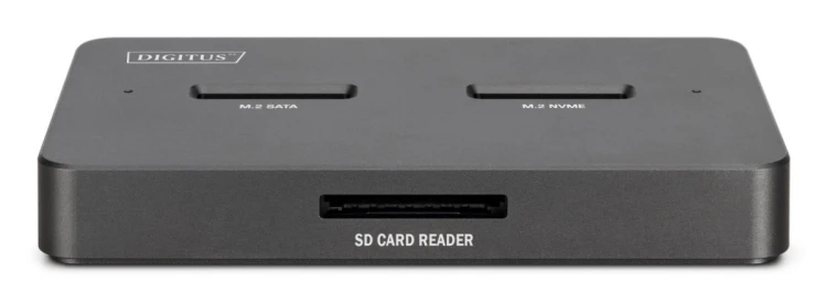 Stacja dokująca USB-C 3.2 Gen2 dla dysków SSD M.2 Duo NVMe oraz SATA (max. 2x 4 TB) z czytnikiem kart SD-Express 7.1 (max. 2 TB), czarna