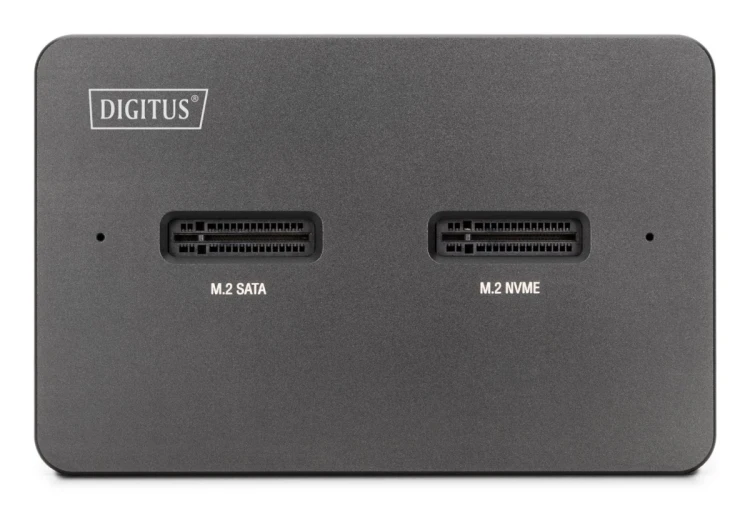 Stacja dokująca USB-C 3.2 Gen2 dla dysków SSD M.2 Duo NVMe oraz SATA (max. 2x 4 TB) z czytnikiem kart SD-Express 7.1 (max. 2 TB), czarna