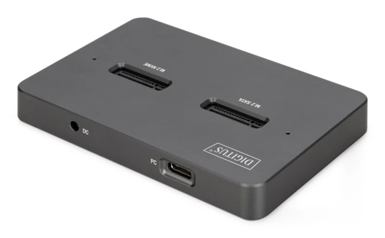 Stacja dokująca USB-C 3.2 Gen2 dla dysków SSD M.2 Duo NVMe oraz SATA (max. 2x 4 TB) z czytnikiem kart SD-Express 7.1 (max. 2 TB), czarna