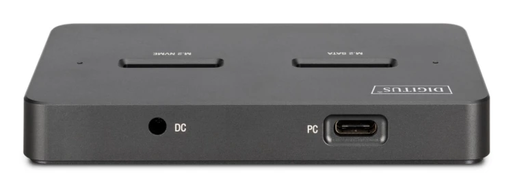 Stacja dokująca USB-C 3.2 Gen2 dla dysków SSD M.2 Duo NVMe oraz SATA (max. 2x 4 TB) z czytnikiem kart SD-Express 7.1 (max. 2 TB), czarna