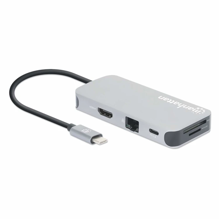 Stacja dokująca MANHATTAN USB-C 8 w 1 z zasilaniem USB 3.2 Gen 1 Type-C męski na żeński HDMI, trzy porty USB-A, gigabitowy port RJ45, port USB-C Power
