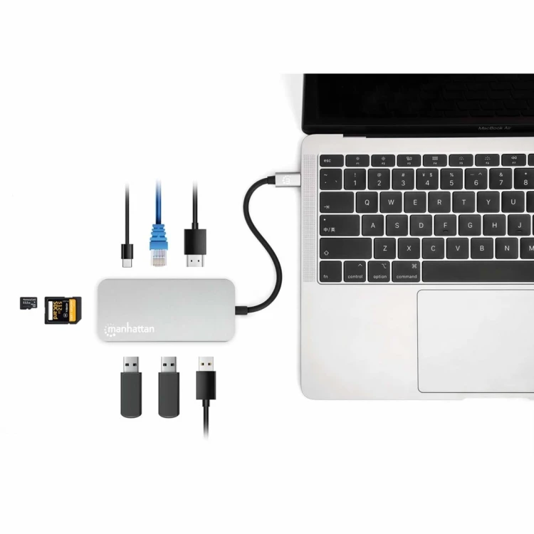 Stacja dokująca MANHATTAN USB-C 8 w 1 z zasilaniem USB 3.2 Gen 1 Type-C męski na żeński HDMI, trzy porty USB-A, gigabitowy port RJ45, port USB-C Power