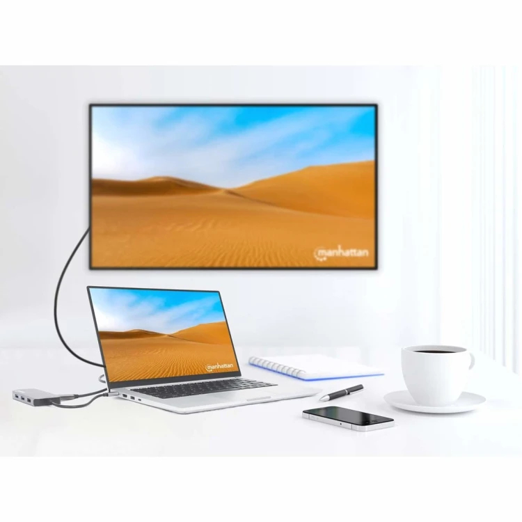 Stacja dokująca MANHATTAN USB-C 8 w 1 z zasilaniem USB 3.2 Gen 1 Type-C męski na żeński HDMI, trzy porty USB-A, gigabitowy port RJ45, port USB-C Power