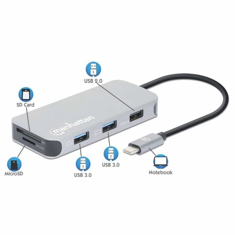 Stacja dokująca MANHATTAN USB-C 8 w 1 z zasilaniem USB 3.2 Gen 1 Type-C męski na żeński HDMI, trzy porty USB-A, gigabitowy port RJ45, port USB-C Power