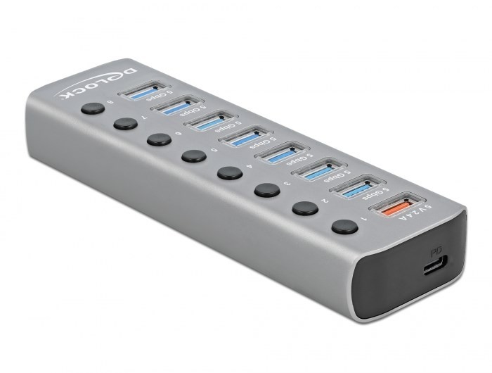 DeLOCK Hub USB 5 Gbps z 7 Portami + 1 Portem ładowania + 1 Portem USB-C PD 3.0 z przełącznikiem i podświetleniem