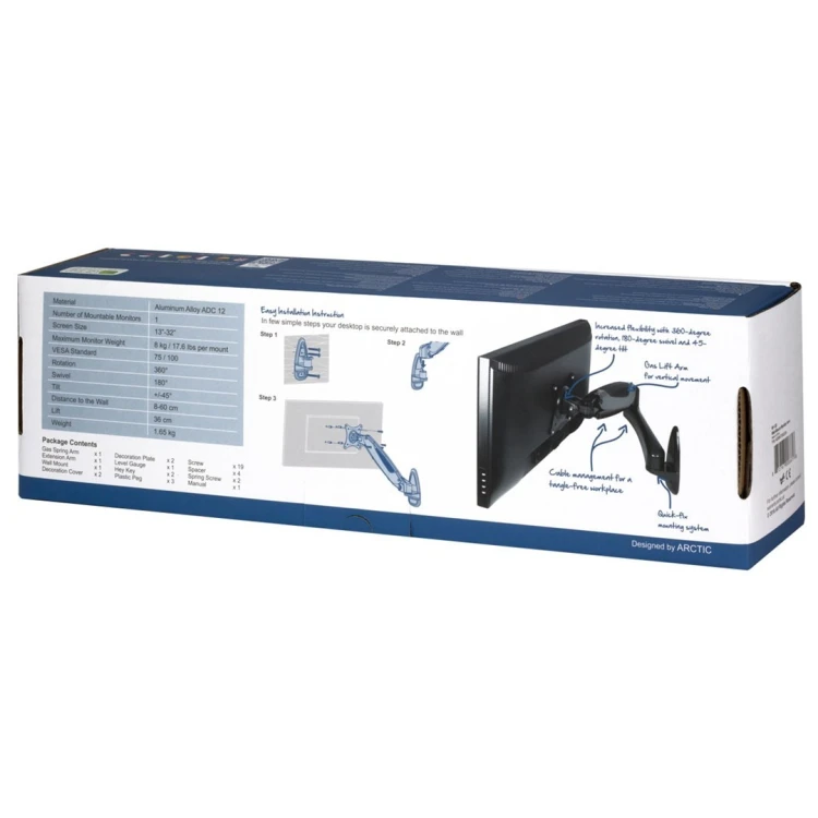 Uchwyt ścienny do monitora Arctic W1-3D z technologią podnośnika gazowego 8kg - 33cm (13") - 81.3cm (32") - 75x75mm - 100x100mm