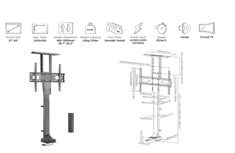 Mocowanie do telewizora LCD (zmotoryzowane) - Plastik, Aluminium, Stal - Rozmiar ekranu: 94-165.1 cm (37"-65")