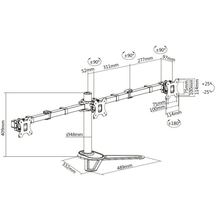 Uchwyt biurkowy Equip Pro - Tilt dla 3 wyświetlaczy LCD - Rozmiar ekranu: 43,2-68,6 cm (17"-27") - Interfejs montażowy: do 100 x 100 mm - Biurko