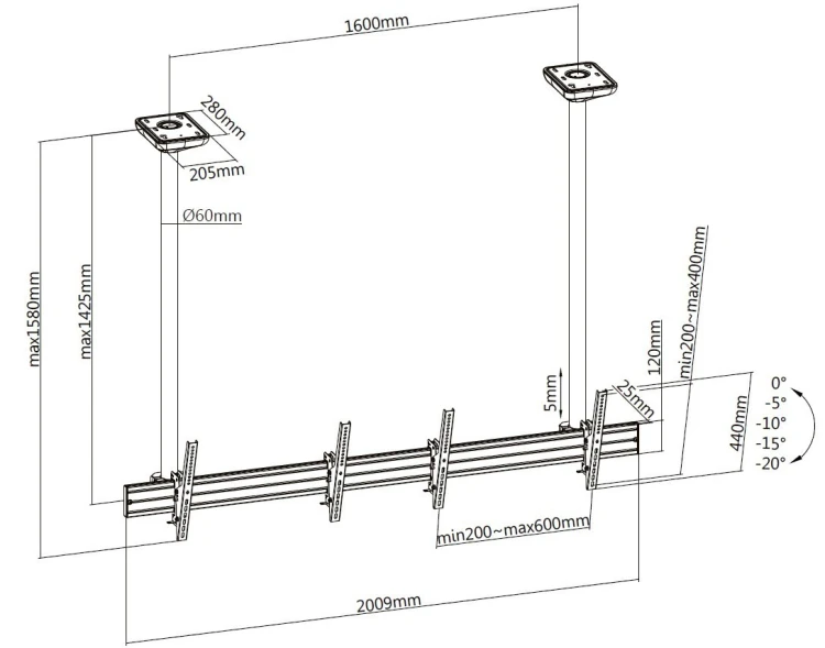 Uchwyt sufitowy do 2 wyświetlaczy LCD - Plastik, Aluminium, Stal, Srebrny - Rozmiar ekranu: 114.3-139.7 cm (45-55'')