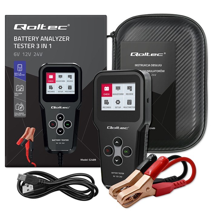 Qoltec Cyfrowy tester akumulatora 3w1 z LCD Polskie Menu 6V 12V 24V 10Ah-200Ah