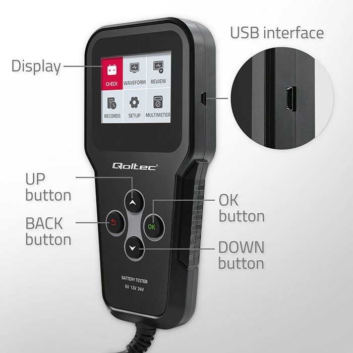 Qoltec Cyfrowy tester akumulatora 3w1 z LCD Polskie Menu 6V 12V 24V 10Ah-200Ah