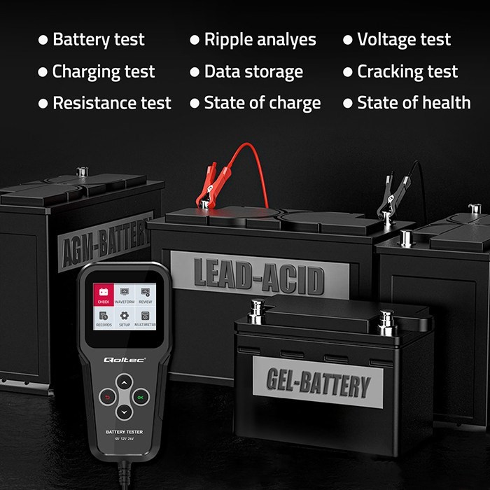 Qoltec Cyfrowy tester akumulatora 3w1 z LCD Polskie Menu 6V 12V 24V 10Ah-200Ah