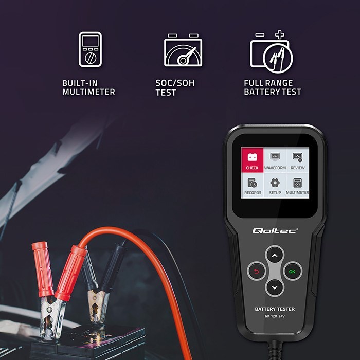 Qoltec Cyfrowy tester akumulatora 3w1 z LCD Polskie Menu 6V 12V 24V 10Ah-200Ah
