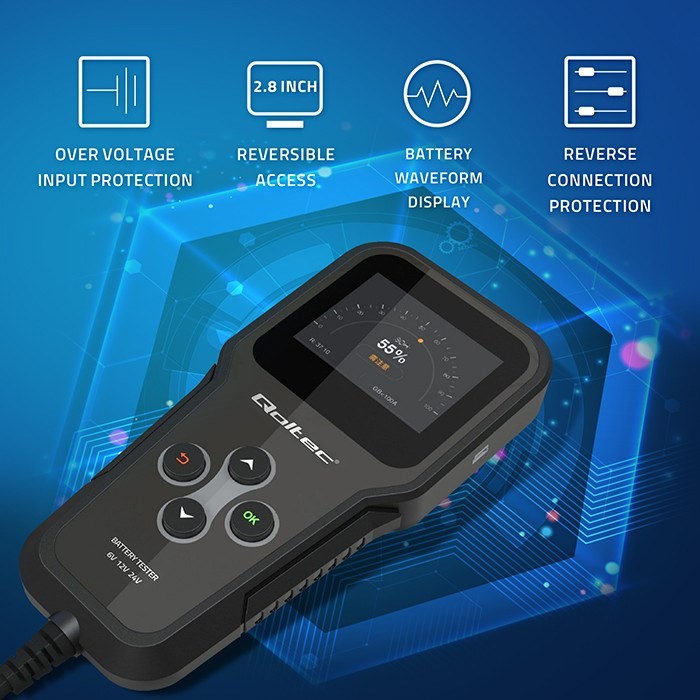 Qoltec Cyfrowy tester akumulatora 3w1 z LCD Polskie Menu 6V 12V 24V 10Ah-200Ah