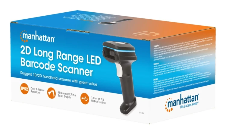 Skaner kodów kreskowych MANHATTAN 2D LED Ręczny skaner ręczny IP52 450 mm