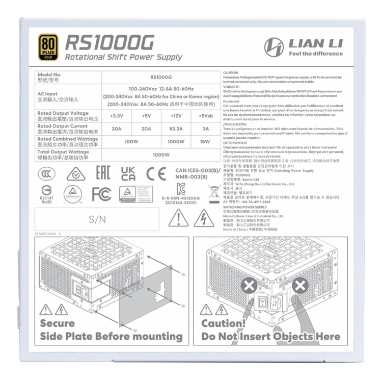 Lian Li RS1000G moduł zasilaczy 1000 W 20+4 pin ATX ATX Biały