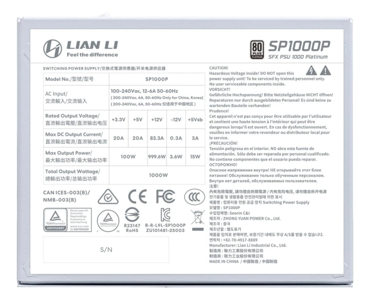 Lian Li SP1000P moduł zasilaczy 1000 W 24-pin ATX SFX Biały