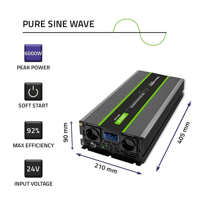 Przetwornica napięcia Monolith 3000W 6000W 24V na 230V Czysty Sinus LCD