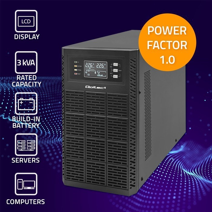 Zasilacz awaryjny UPS Qoltec 3kVA 3000W Power Factor 1.0 LCD EPO USB On-line
