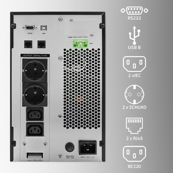 Zasilacz awaryjny UPS Qoltec 3kVA 3000W Power Factor 1.0 LCD EPO USB On-line