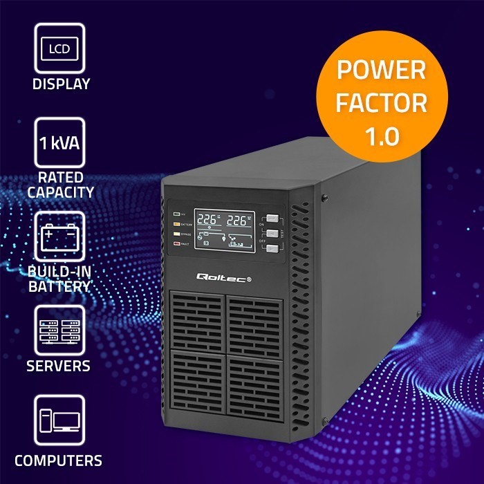 Qoltec Zasilacz awaryjny UPS 1kVA 1000W Power Factor 1.0 LCD EPO USB On-line