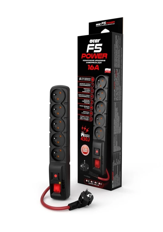 ACAR F5 POWER Czarny 5 x gniazdo sieciowe 230 V 10 m