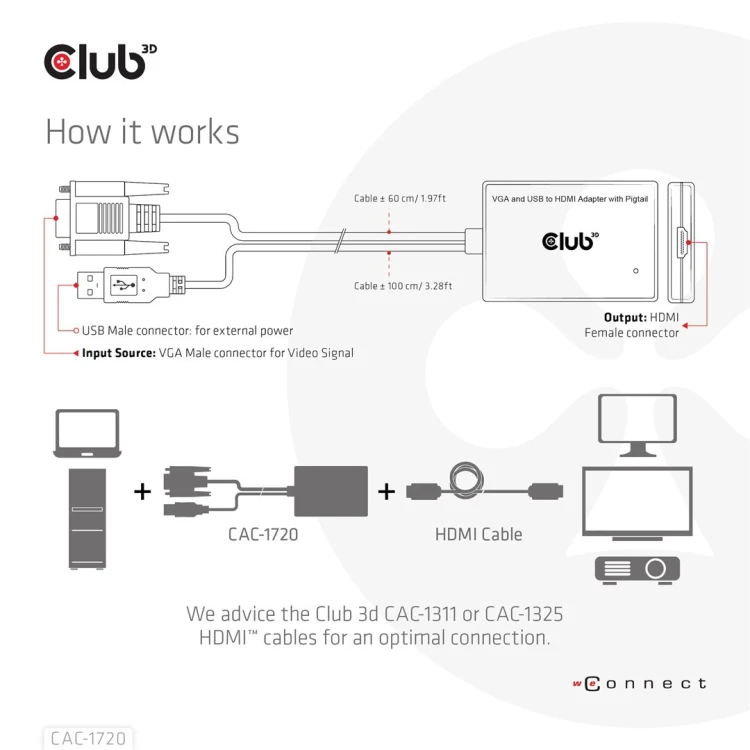 CLUB3D CAC-1720 adapter kablowy 0,6 m HDMI Typu A (Standard) VGA (D-Sub) + USB Czarny